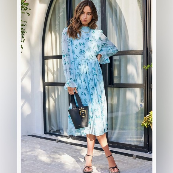 Women's Floral Midi Dress Puff Long Sleeve Ruffle A-Line Pleated Belted Dress - Picture 4 of 8